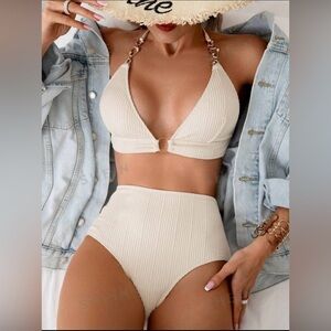 Textured Halter Neck Two Piece Bikini Swimsuit Set-Beige